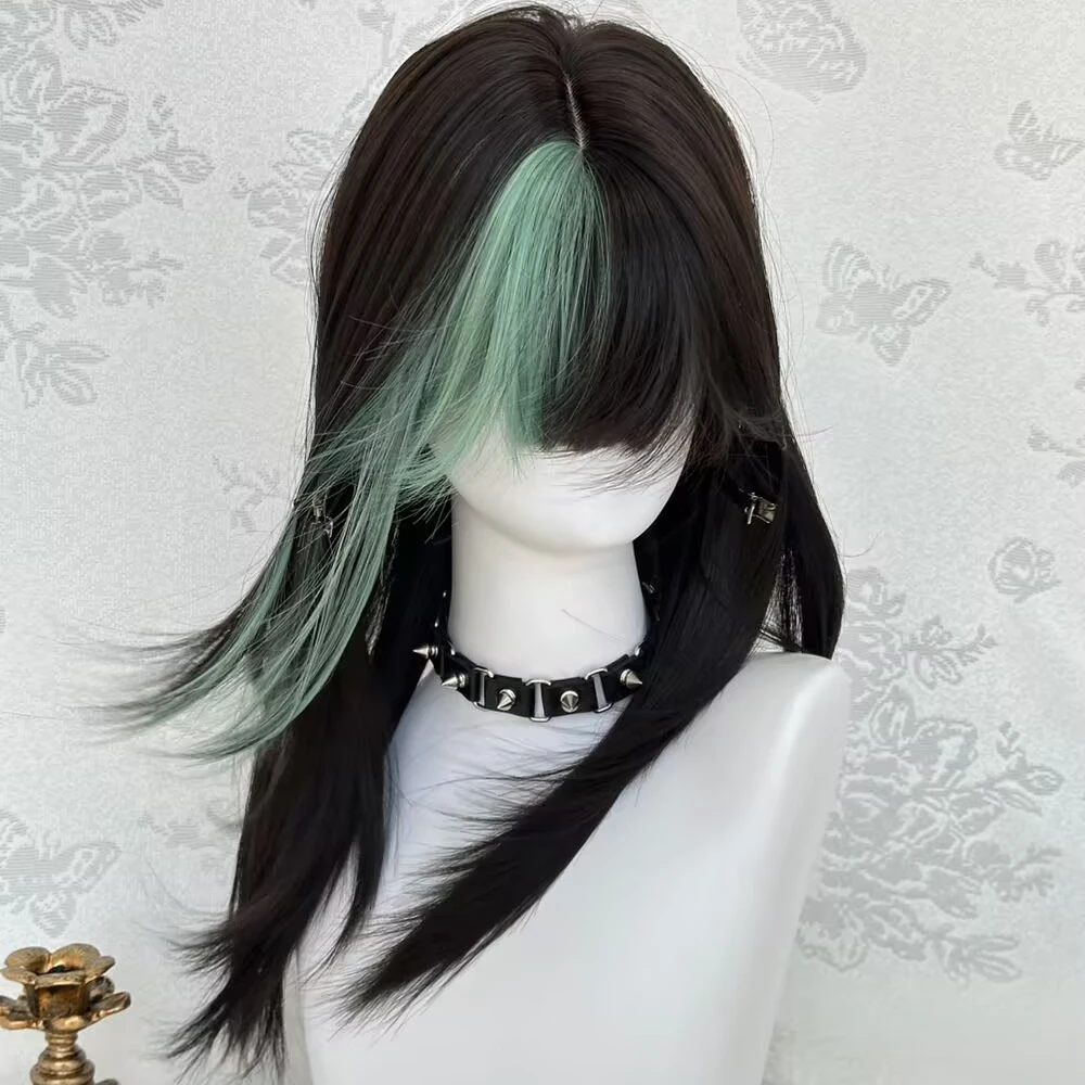 【薄荷黑巧】原创薄荷绿挑染清爽氛围感高层次中长发y2k全头套假发