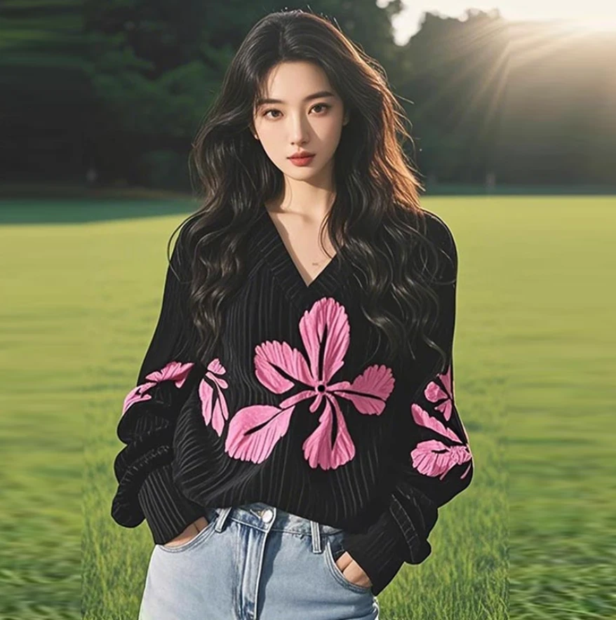 慵懒风长袖百搭V领针织衫毛衣女2025春秋必备宽松显瘦打底衫上衣