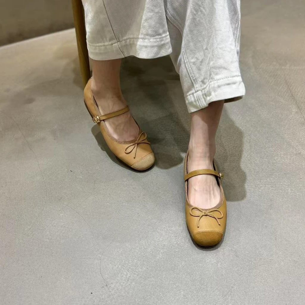 【小黑家】高端黄牛皮蝴蝶一字扣拼接玛丽珍单鞋7553-66