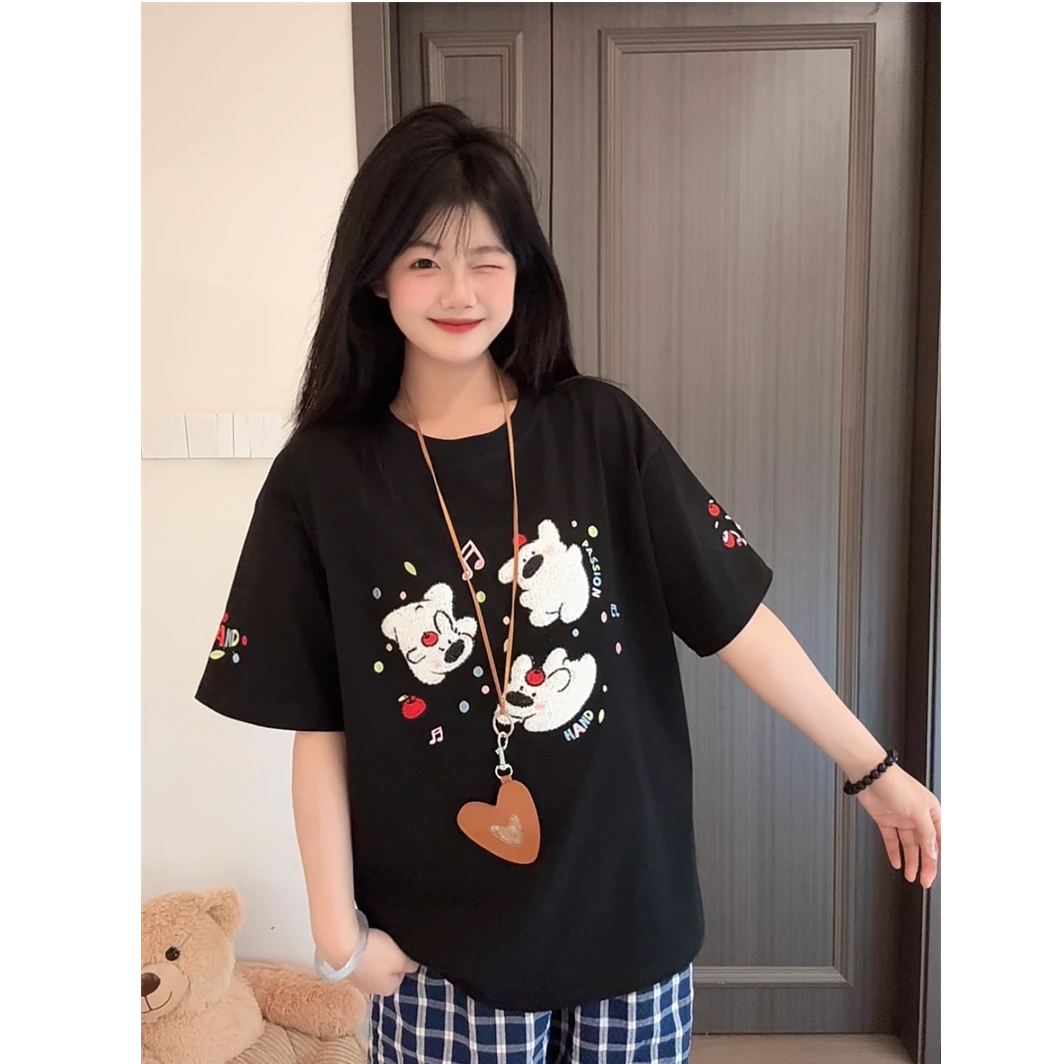 HandSeven童趣感夏季甜妹卡通简约苹果小狗刺绣短袖百搭T恤