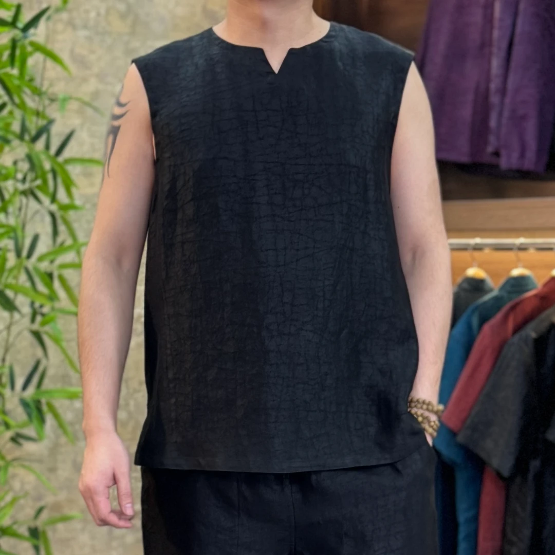 100％桑蚕丝香云纱男装中式短袖宽松马甲薄款国风夏季休闲简约