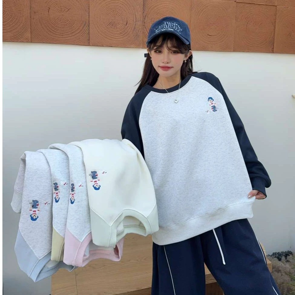 春款【插肩撞色拼接小熊】休闲圆领卫衣