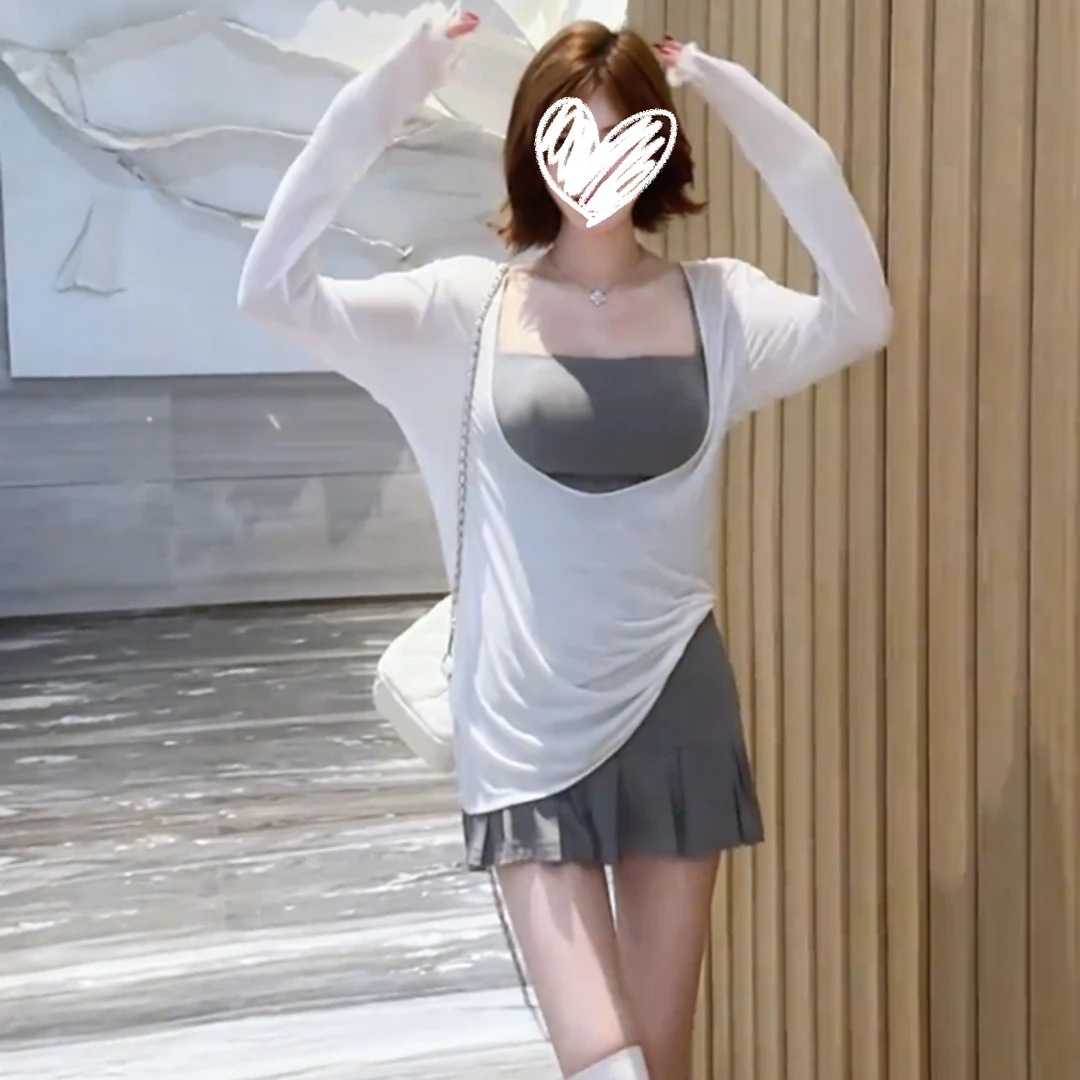 2025春夏新款灰白条纹运动休闲高弹显瘦百搭上衣+罩衫+高腰半裙