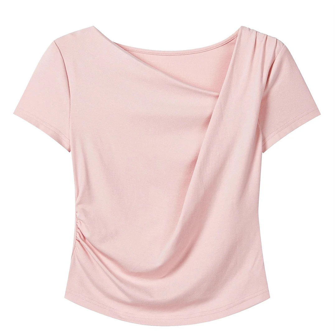 羊城故事-设计感黄色正肩短袖t恤不规则别致修身上衣Y50751696