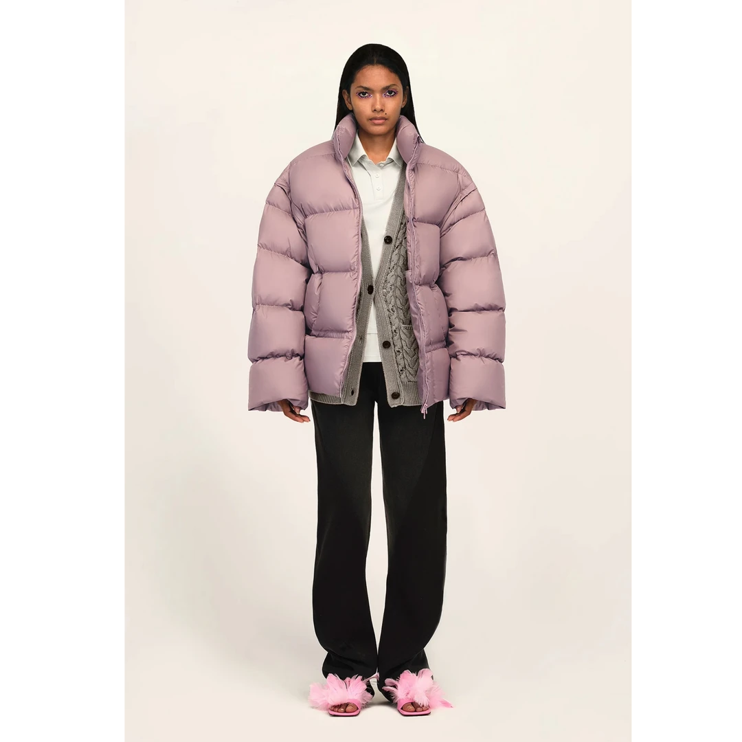 陈列品微瑕TRINITE 粉/卡其色高领可拆卸大廓形羽绒服