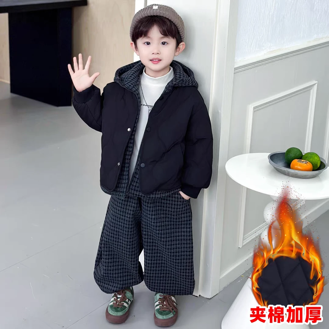 男童套装秋冬2025新款夹棉冬装男宝两件套痞帅炸街儿童假两件衣服