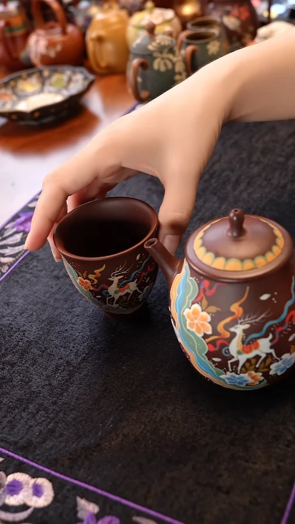 茶壶紫砂九色鹿一壶一杯