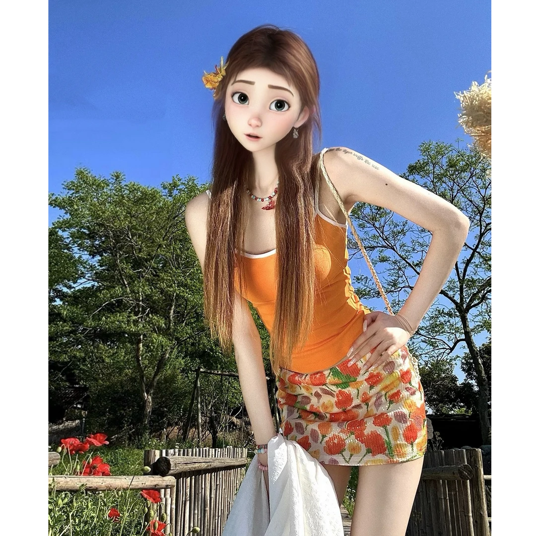 露背吊带背心+短款油画半身裙 女夏季新款针织外穿美背无袖上衣