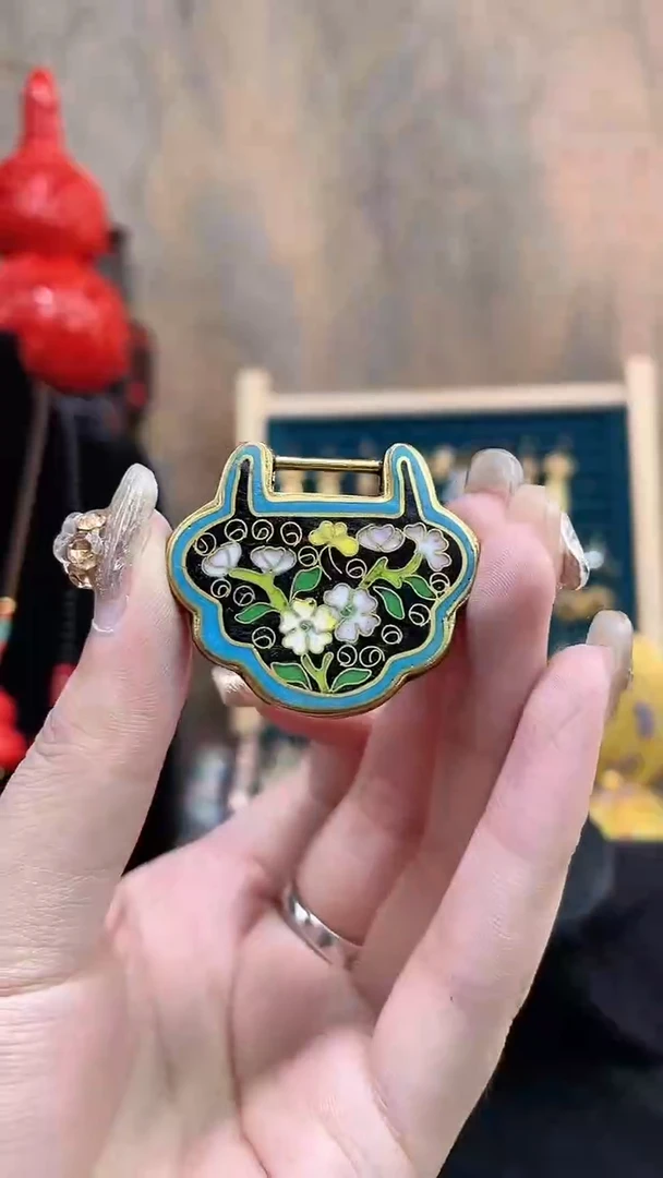 程*非遗手工景泰蓝如意锁加黑皮绳黑色
