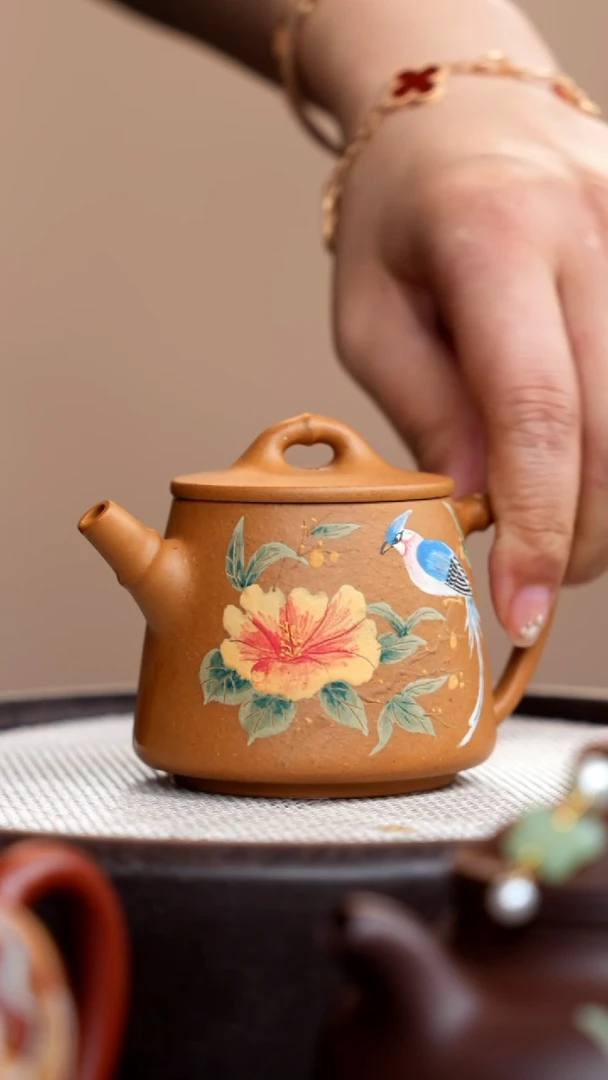 茶壶紫砂黄金段竹节高石瓢泥绘花鸟