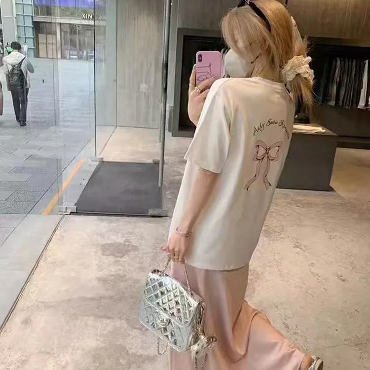 蝴蝶结印花白色圆领短袖t恤女夏季韩系甜美百搭宽松纯棉半袖上衣