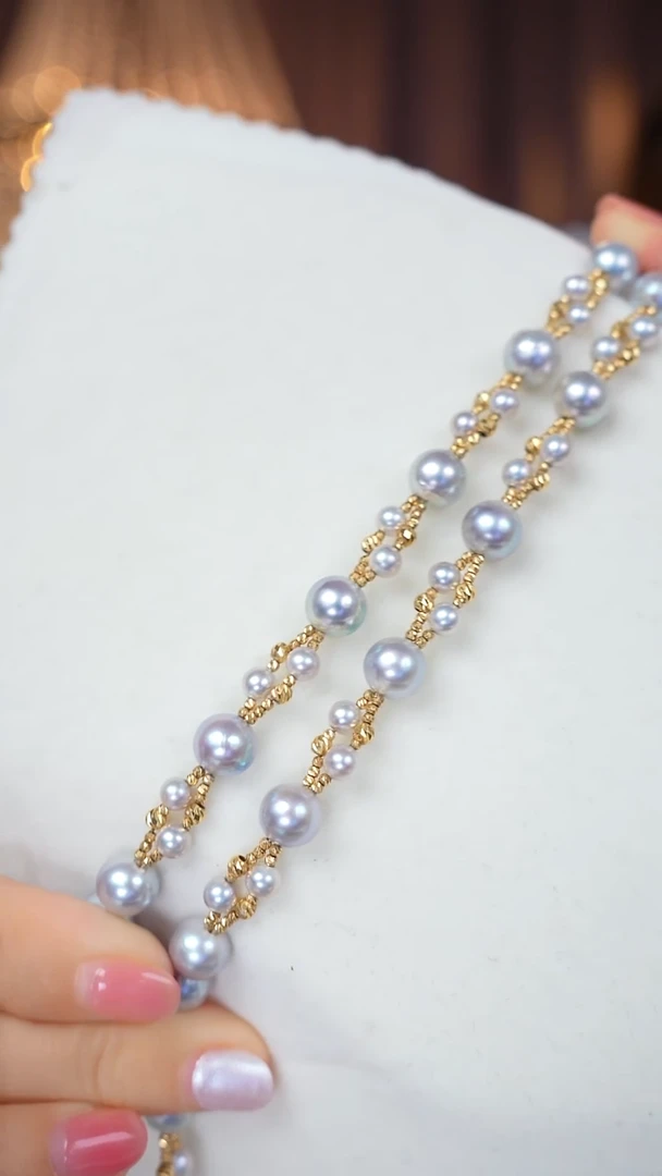 项链18K金镶嵌海水珍珠真多麻4-8mm