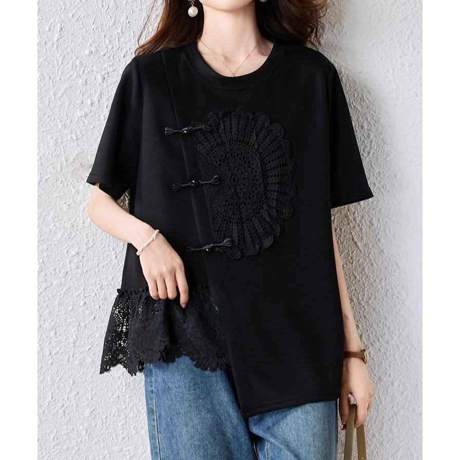 国风复古盘扣不规则蕾丝拼接短袖T恤女夏季2025新款大码宽松上衣