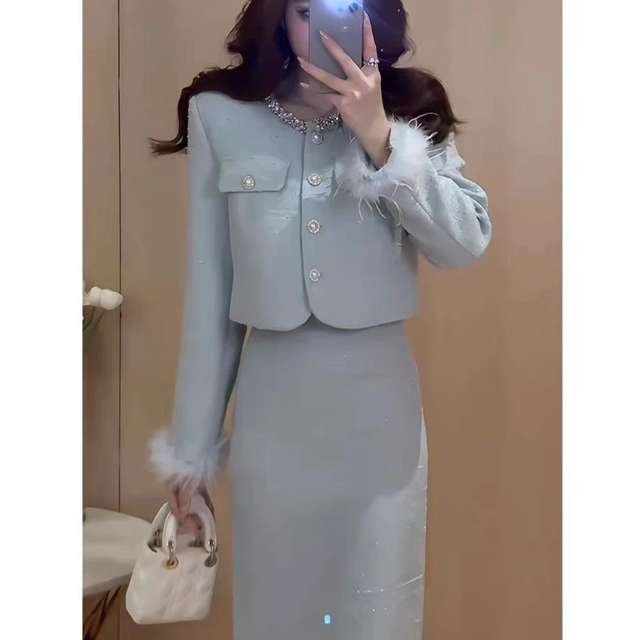 2025时尚千金风蓝色加棉套装