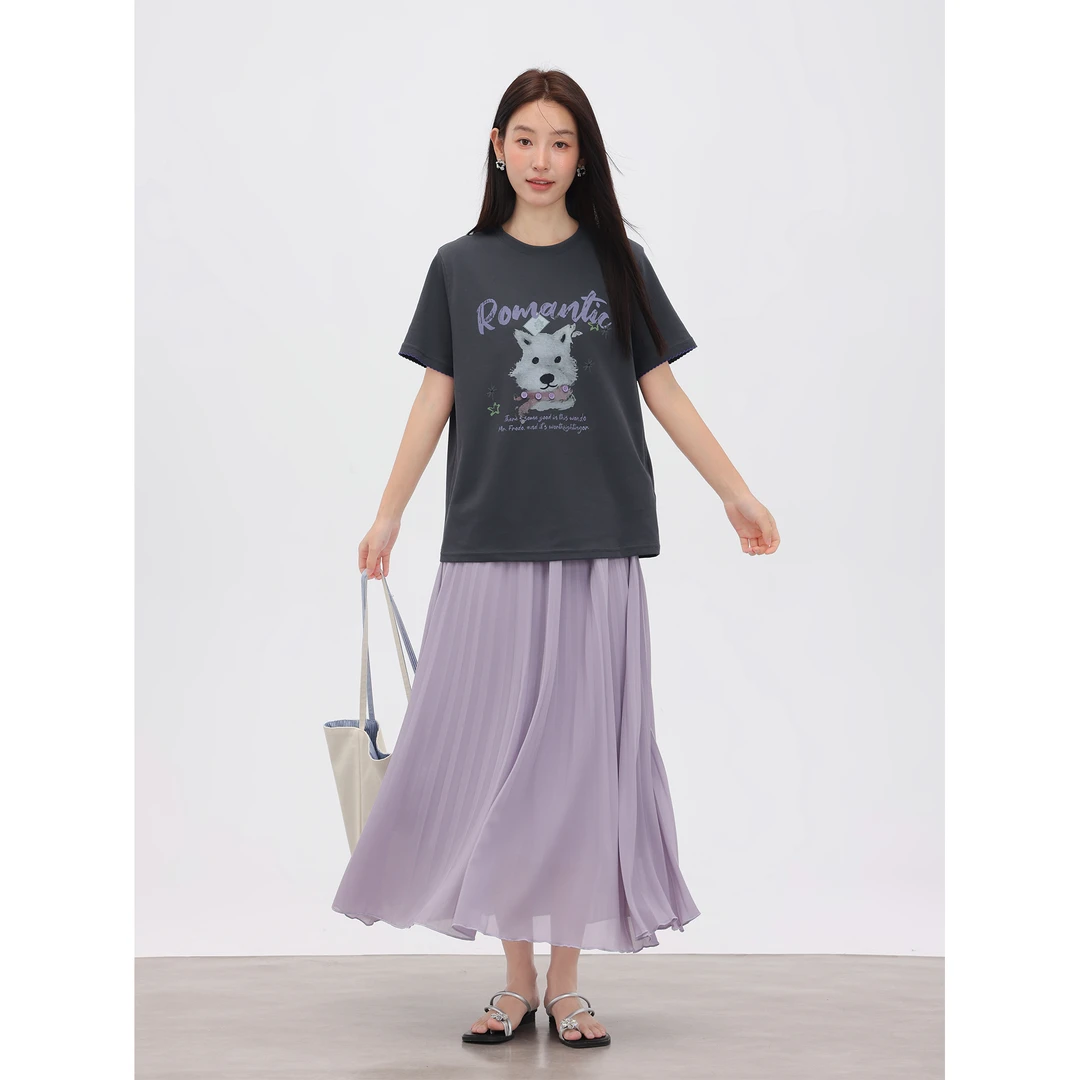 爱蔷薇大码一整套穿搭灰色t恤雪纺半身裙女夏2025新款套装GT77832