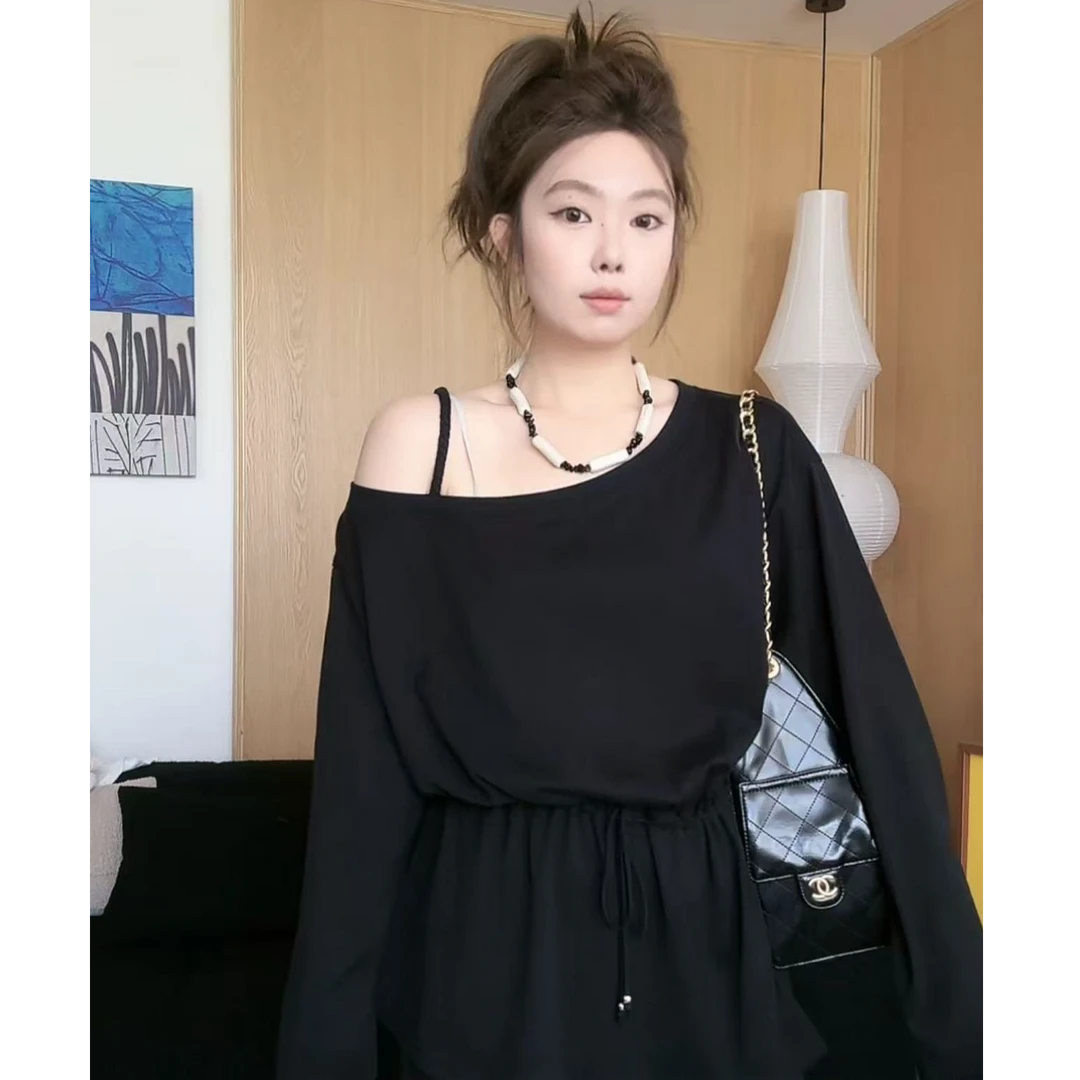 晶咕软软【舒适区】休闲宽松简约设计感腰部抽绳斜肩长袖T恤