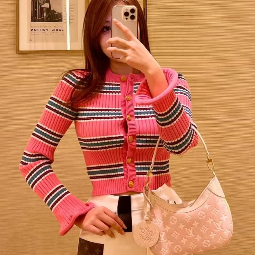 未使用 LouisVuitton/路易威登  X12737 粉色条纹喇叭袖外套 XS码