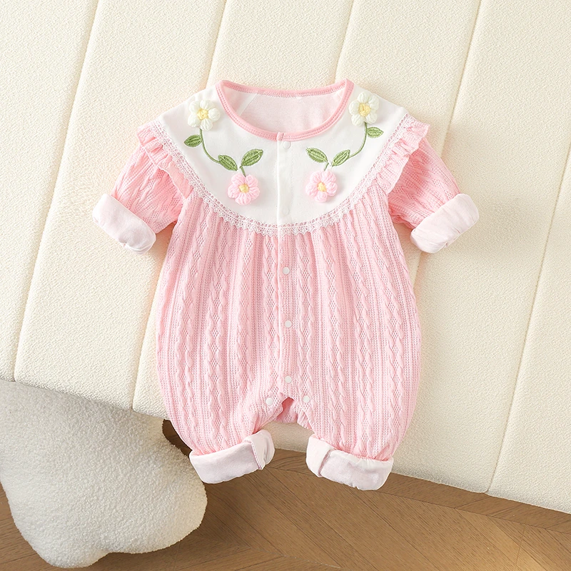 童装2025新款春秋装春秋女宝甜美针织花朵哈衣儿童洋气可爱双层婴