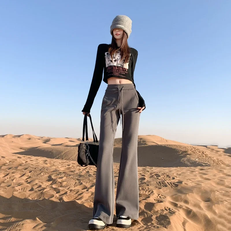 微喇叭运动裤女2025年新款春季穿搭加绒显瘦高腰休闲通勤时尚卫裤