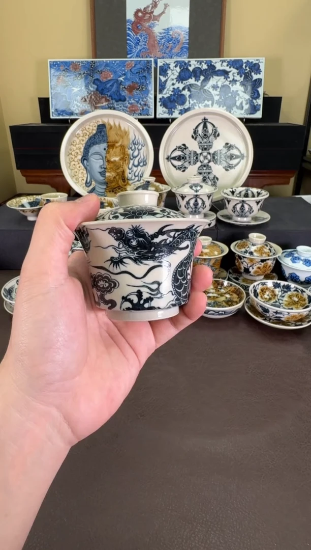 【闪购商品】瓷片二号釉1351龙马蹄盖碗