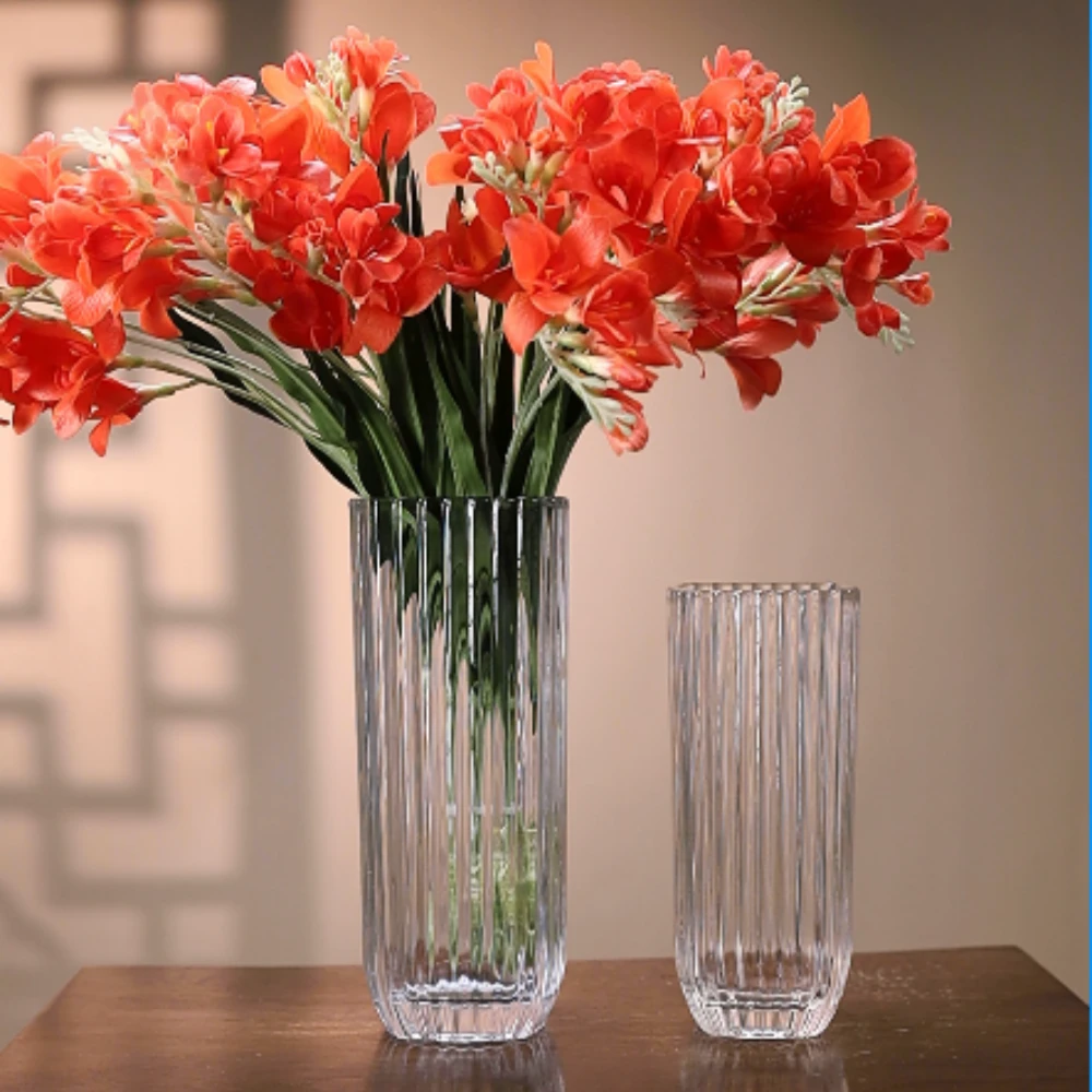 简约创意竖条透明水晶玻璃方形花瓶水养鲜花绿植插花装饰摆件花器