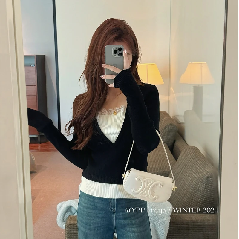 YPP!【浪漫的蕾丝】气质高级感法式优雅撞色蕾丝假两件针织毛衣