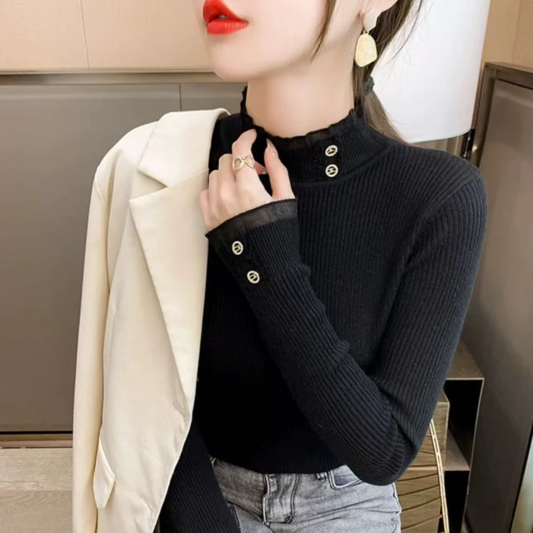 037修身半高领水砖扣长袖针织打底衫针织套头毛衣