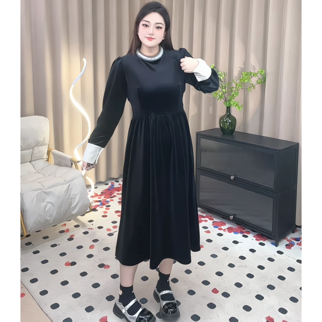 新年战袍丝绒长裙赫本风连衣裙收腰显瘦长袖气质秋冬小黑裙005