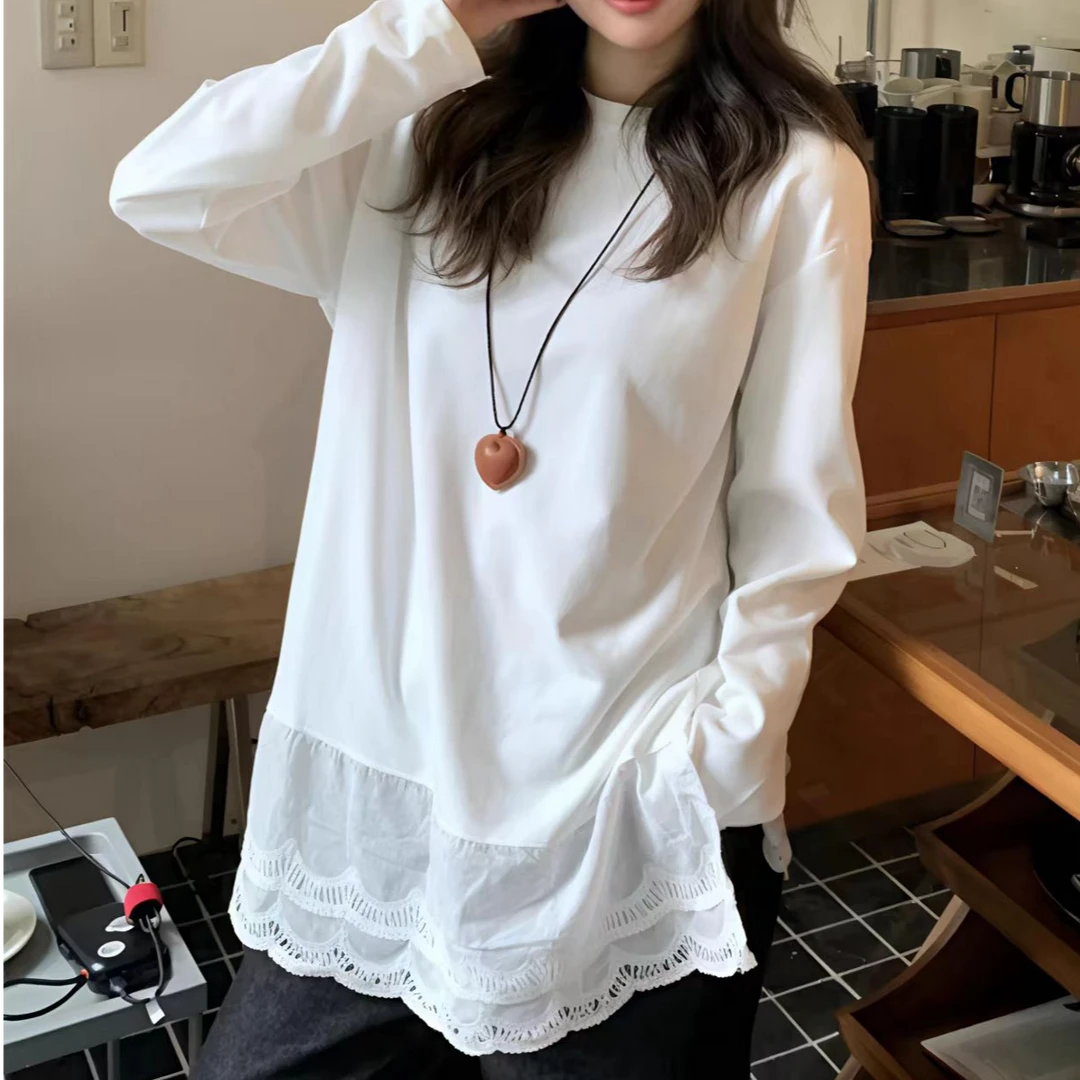 拼接设计感白色长袖T恤女装春季2025新款宽松中长款打底上衣50246