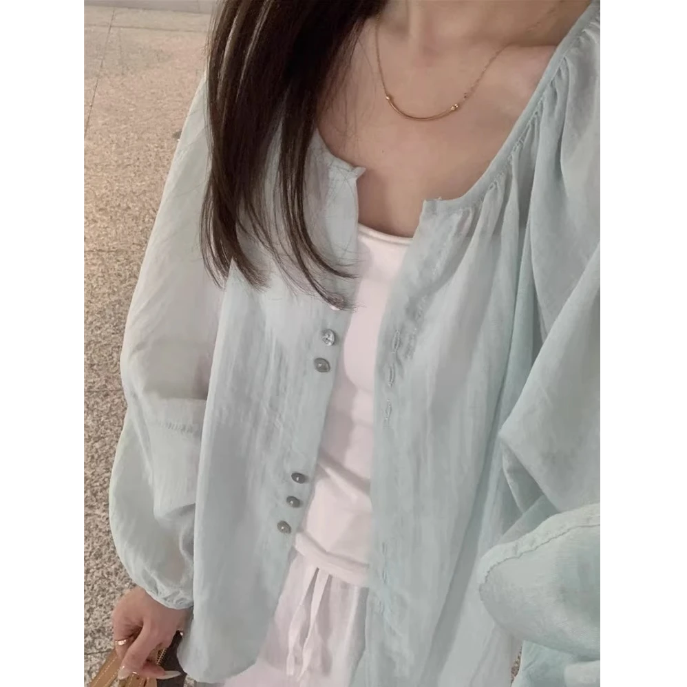 薄荷绿亚麻棉防晒开衫外套女夏季薄款外搭罩衫长袖衬衣短款上衣