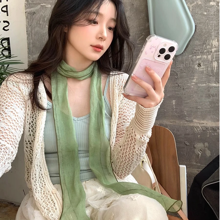 春日绿色丝巾亚麻氛围感时尚系脖子女2025春夏高级感长条围巾配饰