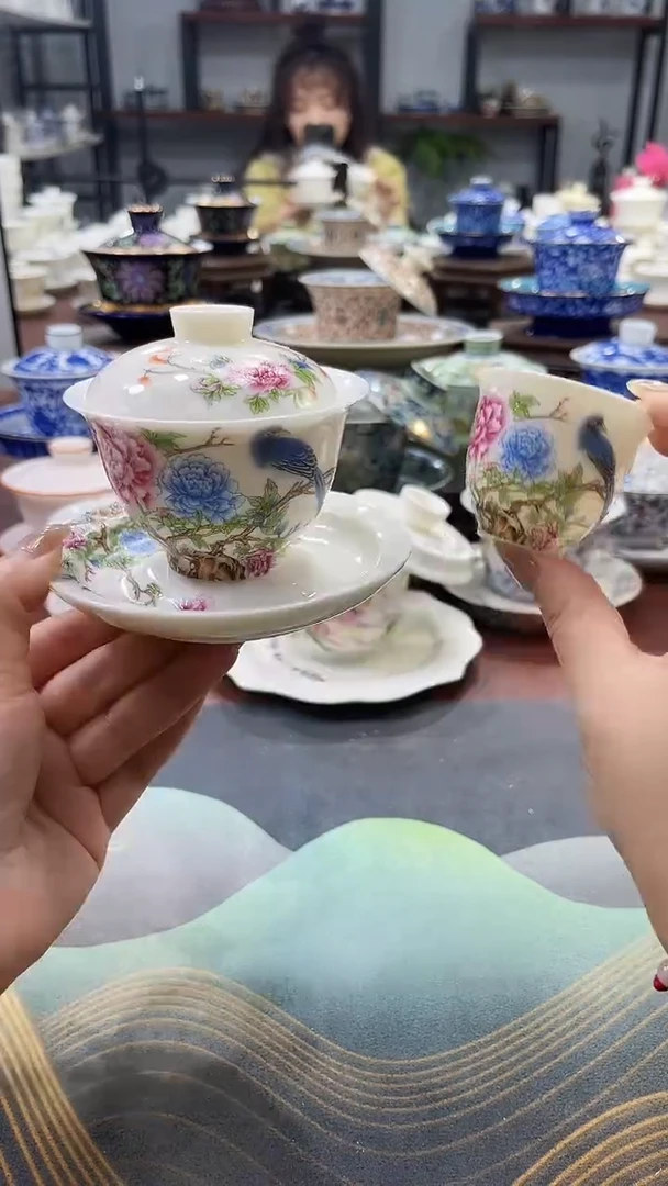 【闪购商品】100羊脂玉牡丹喜鹊盖碗+1杯