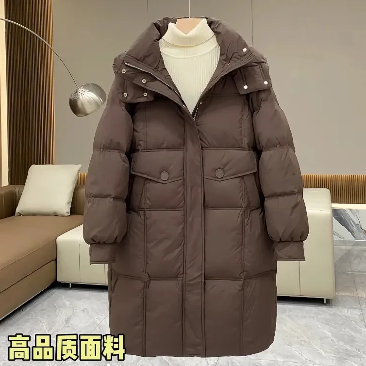 韩版M扣中长款白鸭绒气质时尚保暖过膝加厚连帽羽绒服