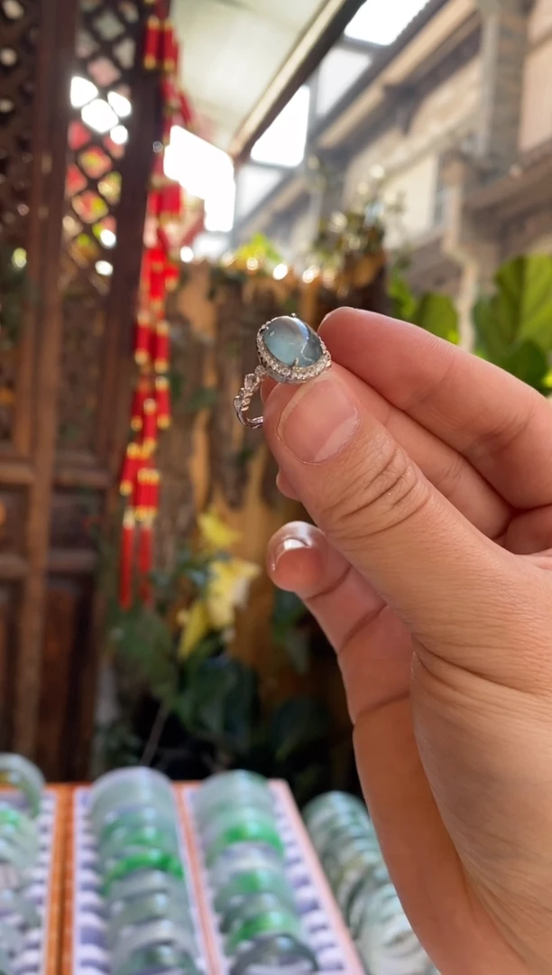 银S925镶嵌戒指翡翠喜*翡翠戒指