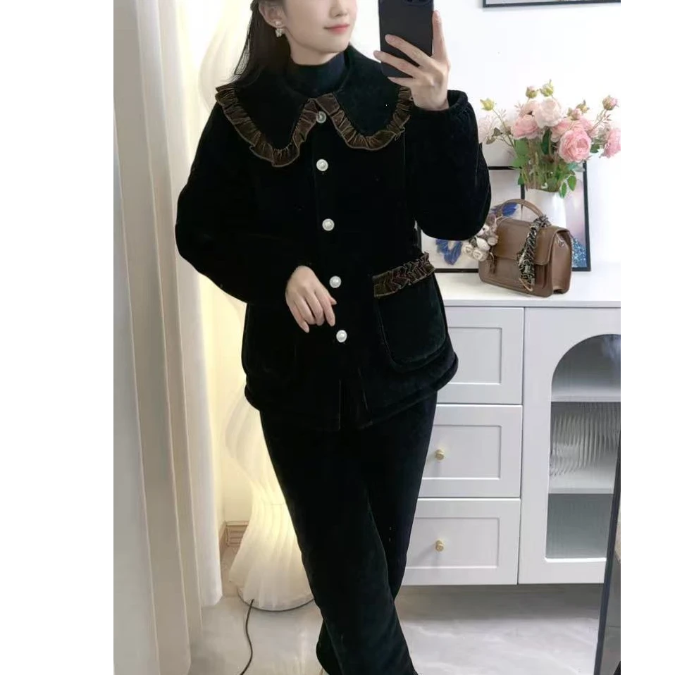 外穿冷冬休闲咖色娃娃领花边睡衣家居服保暖套装 收腰款 直筒款