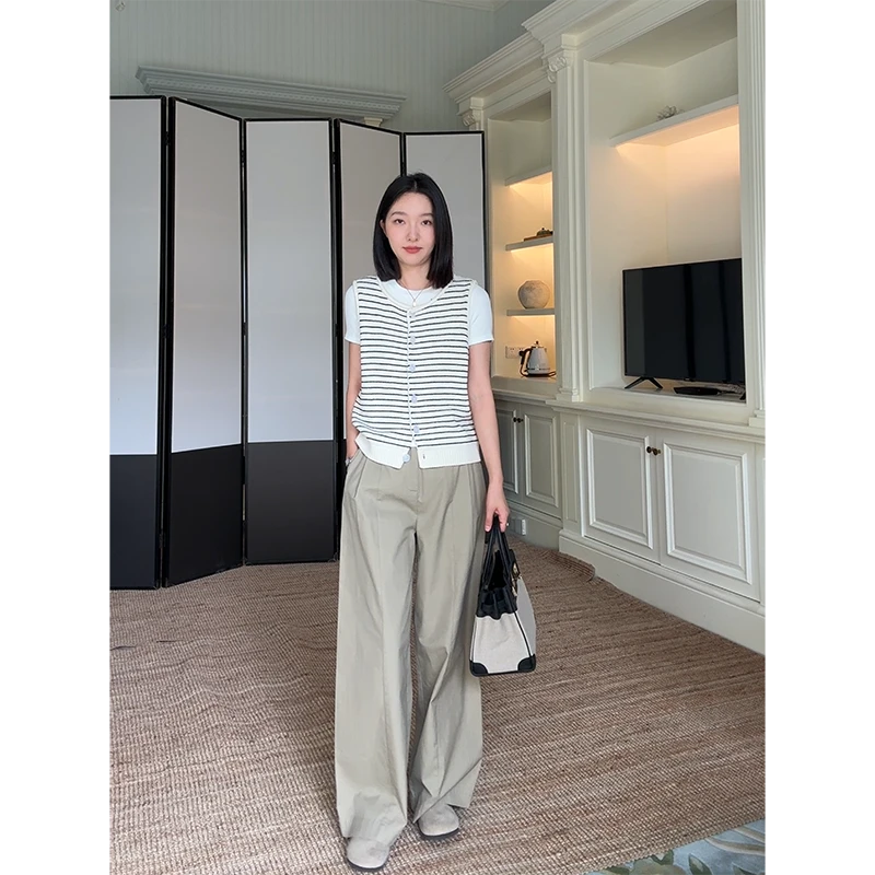 郭九九呢 100%棉条纹显瘦针织背心马甲休闲直筒阔腿裤 G925Z14124