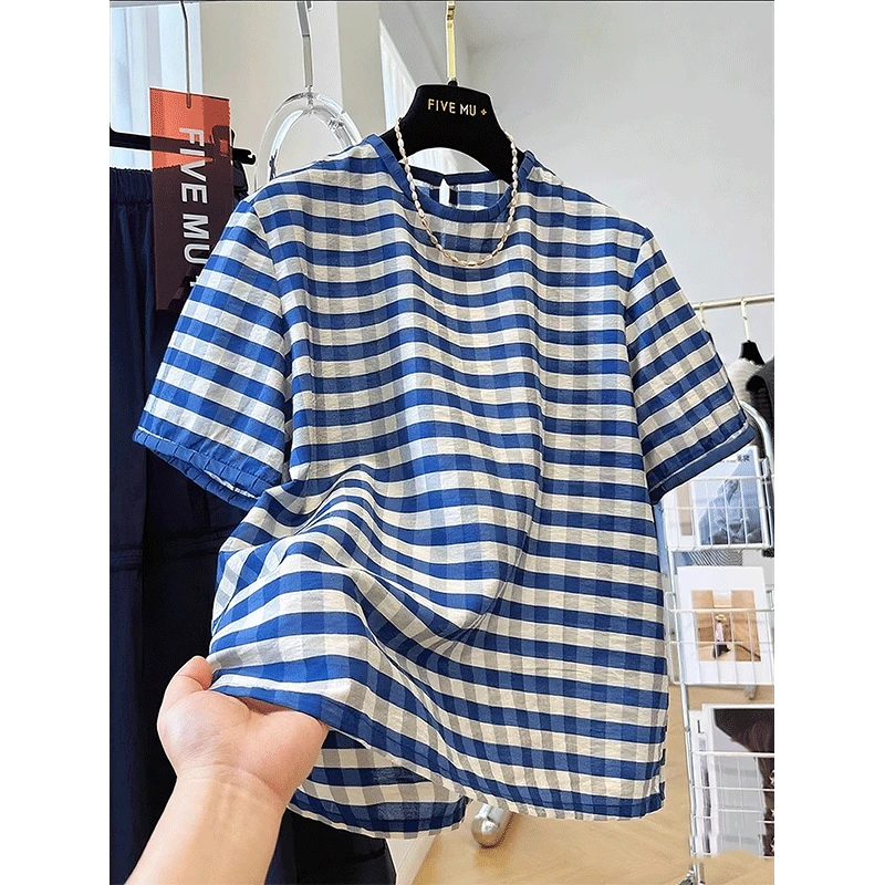 韩系复古撞色格子独特漂亮气质小衫女夏季薄款圆领衬衫巨好看上衣