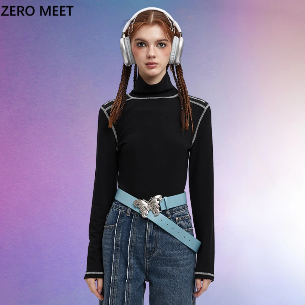 zeromeet撞色小高领刺绣打底衫ZY24Z03002