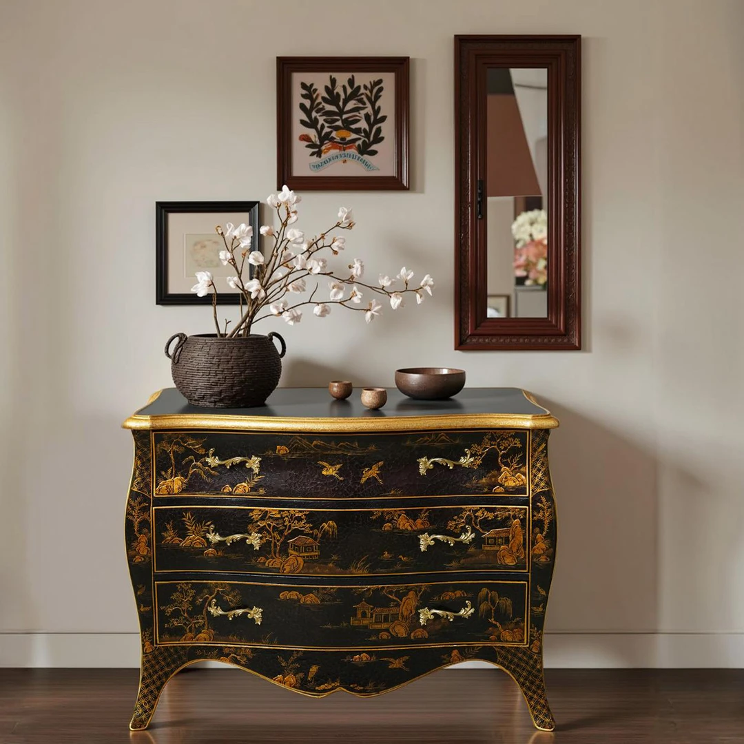 【本尼家】YS73法式中国风黑布裂纹手绘山水图110*59*81cm三斗边柜