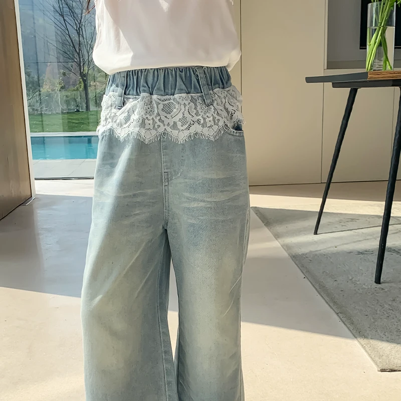 尤画2025夏季新款拼接蕾丝花边女童裤子百搭中大童牛仔裤子68076