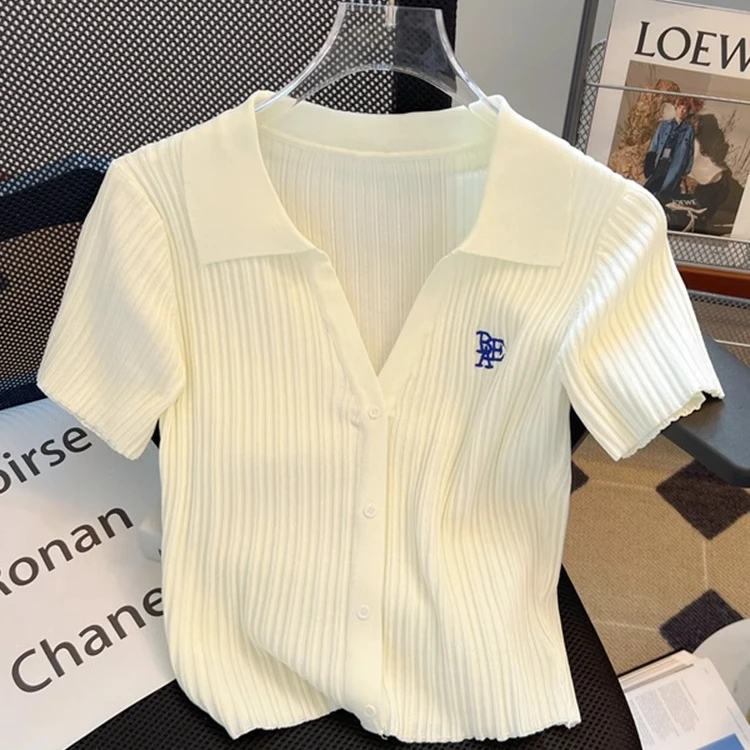 polo领字母刺绣短款上衣女2025夏季新款高级感小个子针织短袖T恤