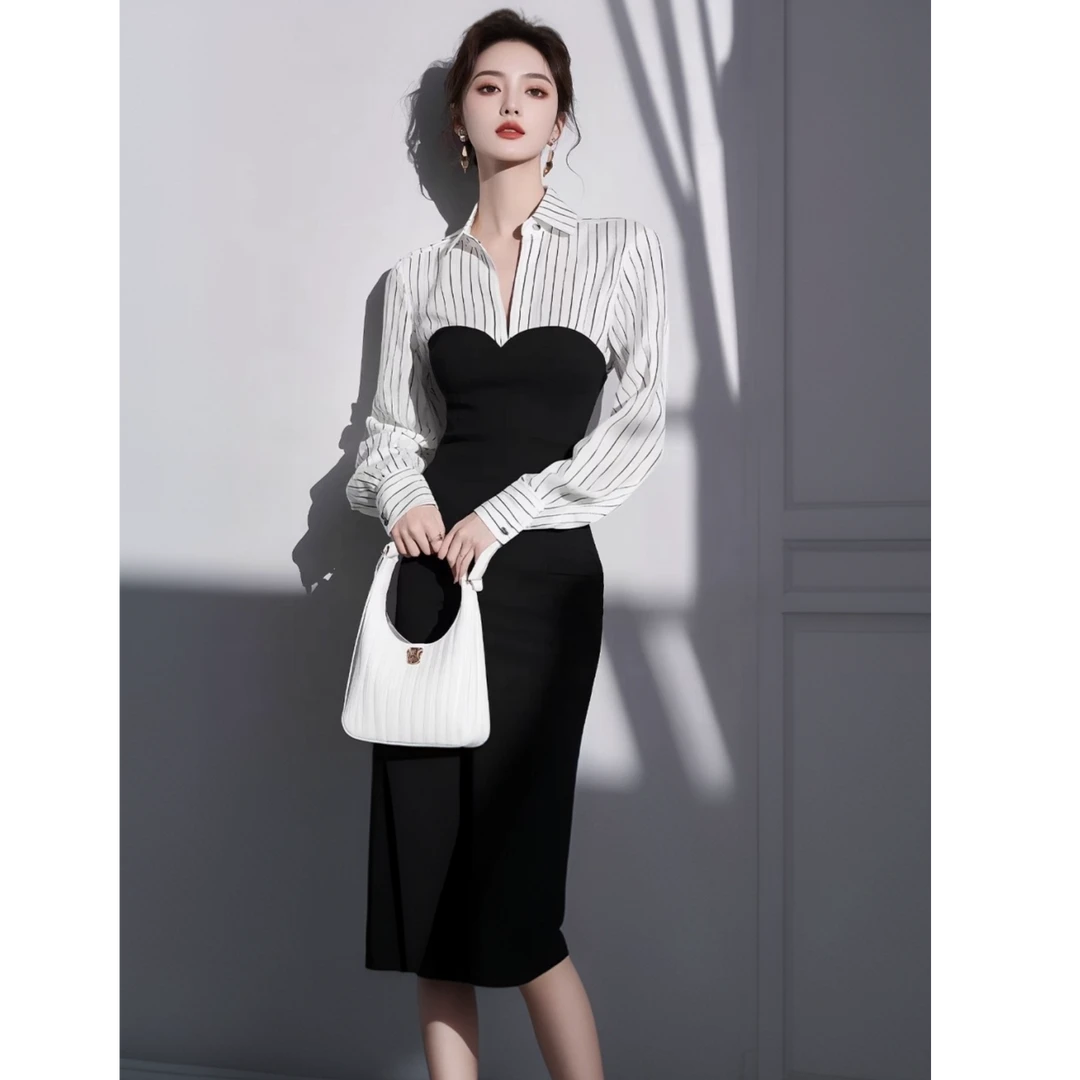 2025年新款春季法式高级感漂亮独特气质收腰黑色假两件衬衫连衣裙
