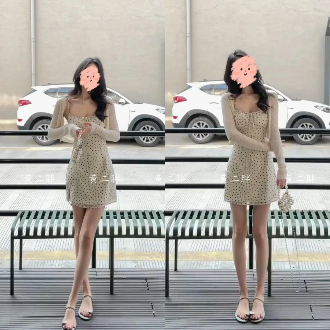 2025夏季新款时尚法式显瘦气质收腰新款波点连衣裙+开衫