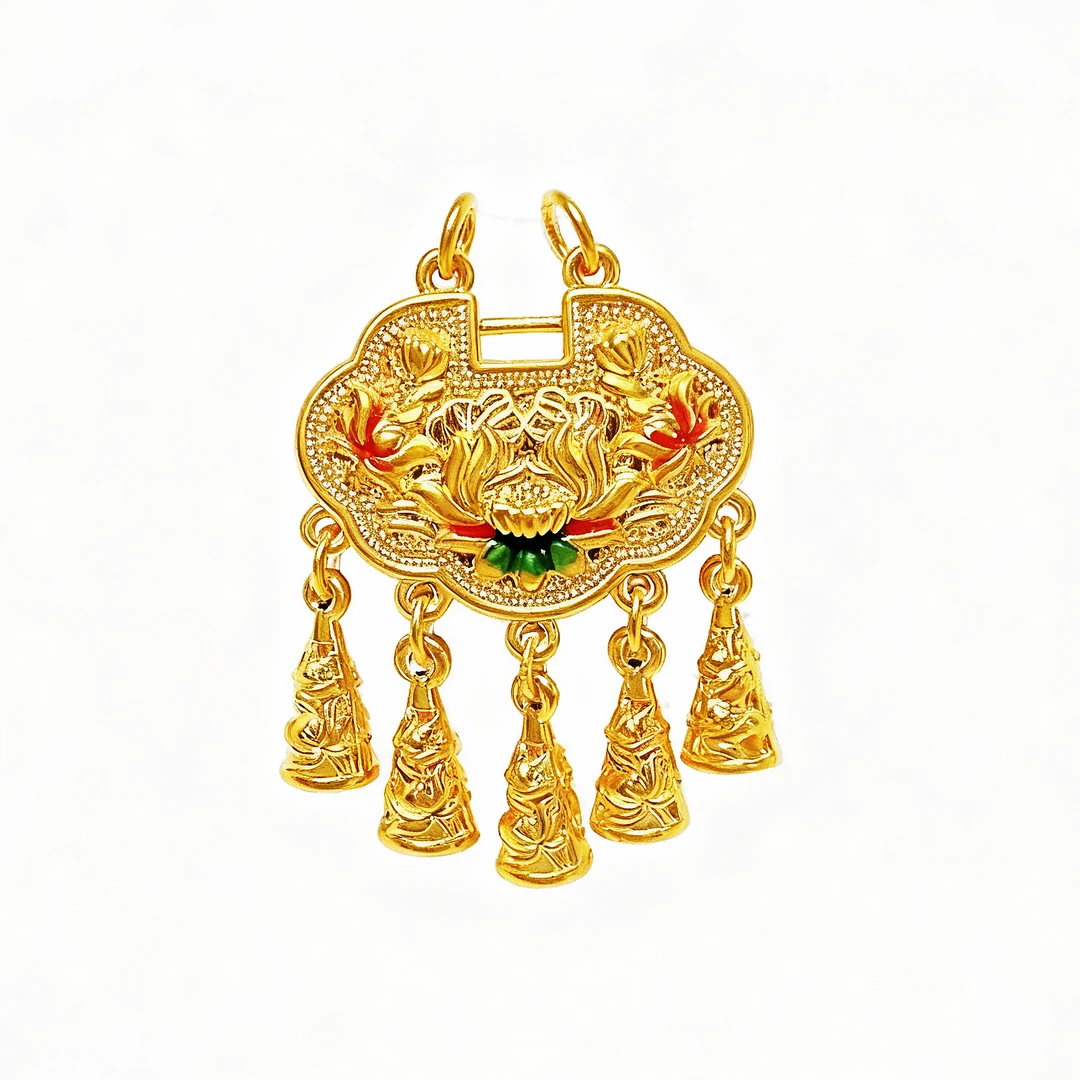 足金999珐琅双扣头璎珞锁吊坠时尚小众个性简约