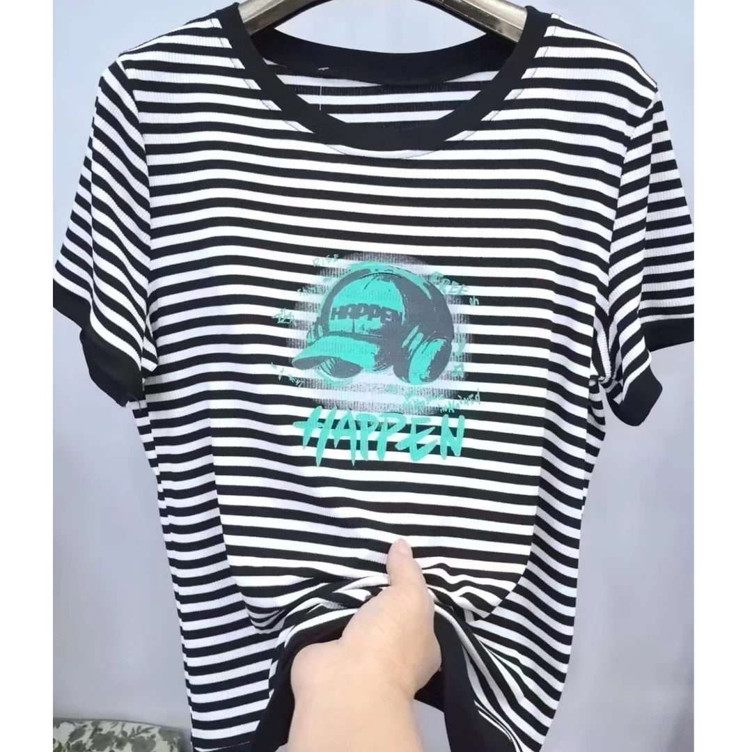 【新款福利】时尚撞色条纹短袖T恤圆领休闲百搭减龄宽松弹性大