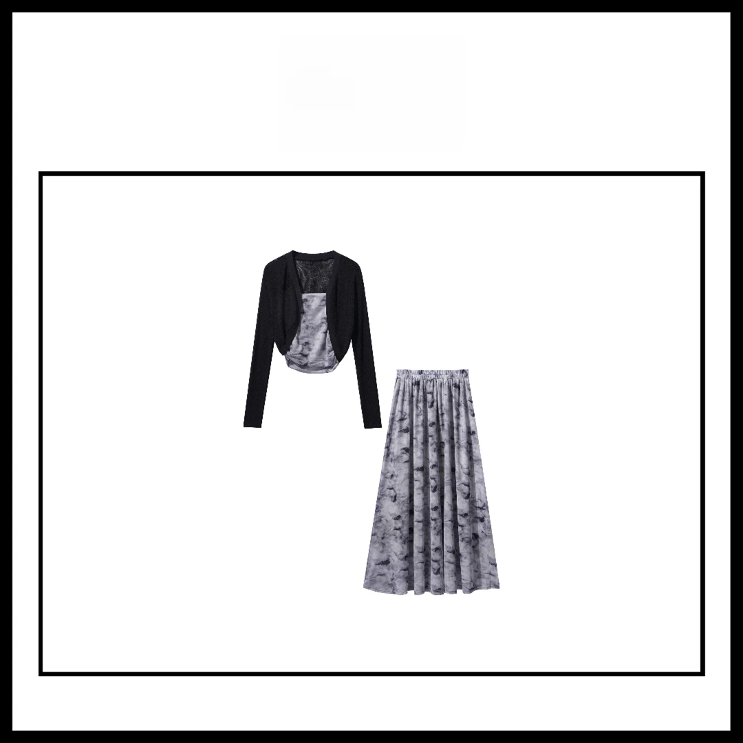 【粉丝专属】D3F28006黑白晕染风针织开衫+同款印花半身裙套装