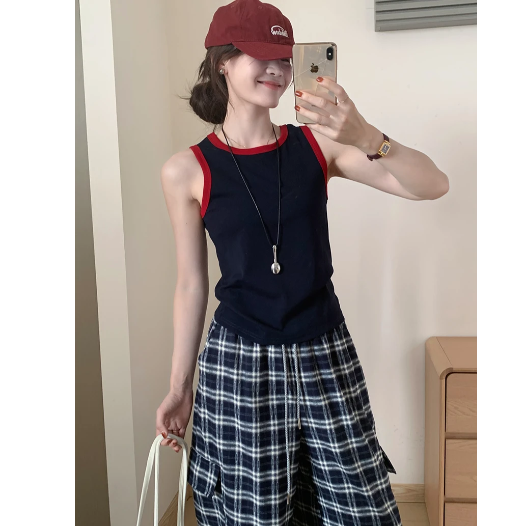 港风辣妹复古撞色宽肩遮副乳吊带背心女修身显瘦防走光美背打底衫