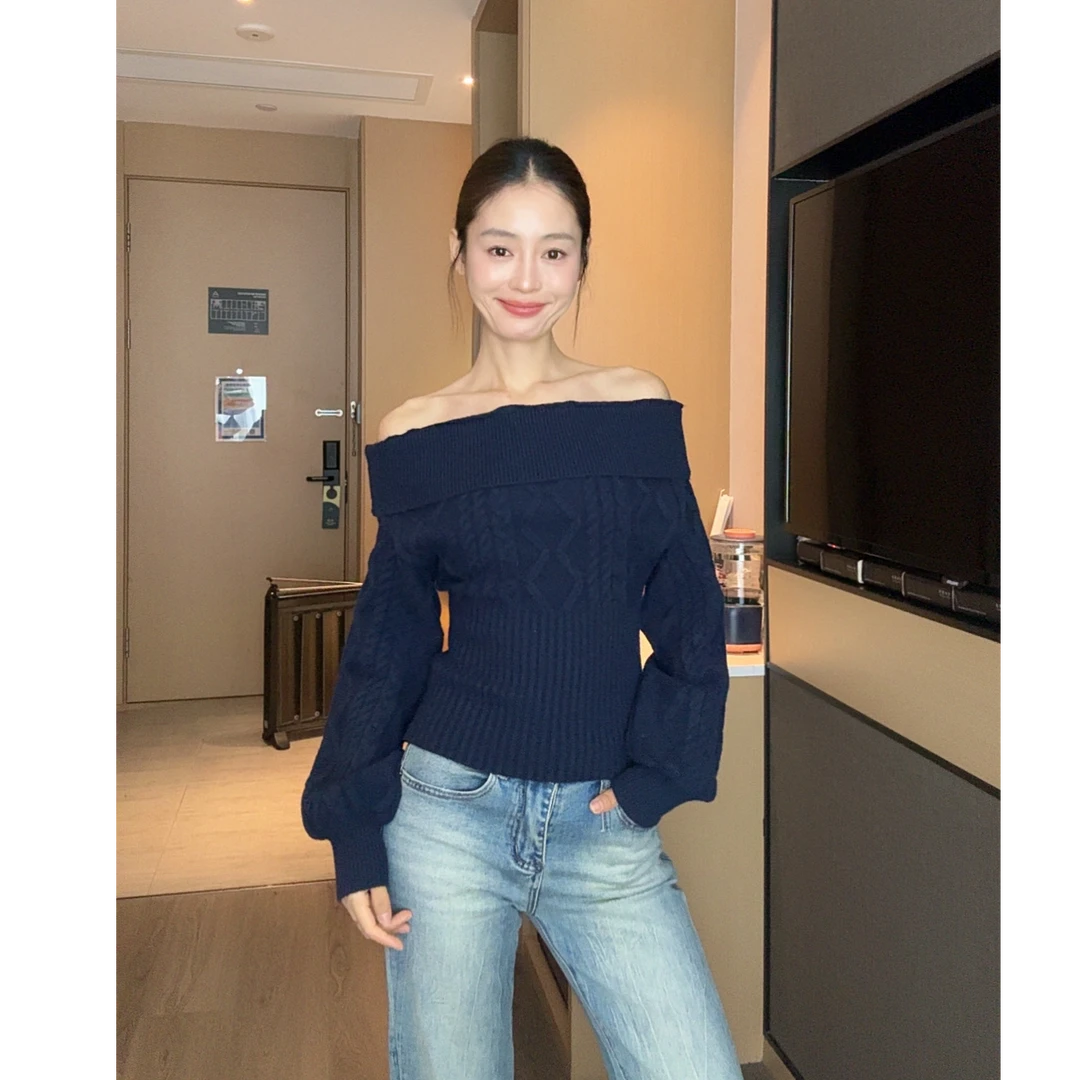 【部分现】麻花一字肩露肩针织衫女秋2025新款韩系慵懒风上衣M1397