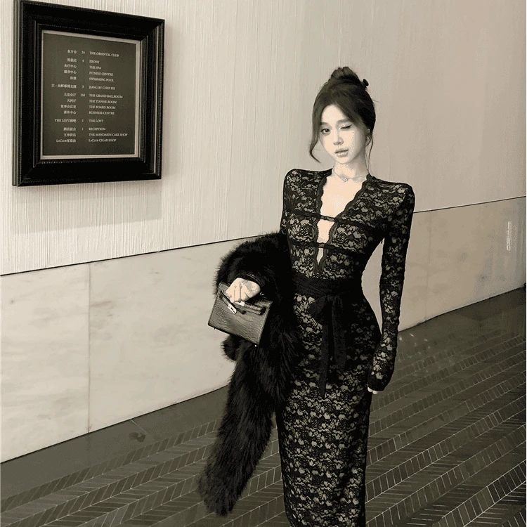 黑色深v领长袖连衣裙女春季修身绑带中长款纯欲收腰显瘦包臀裙子