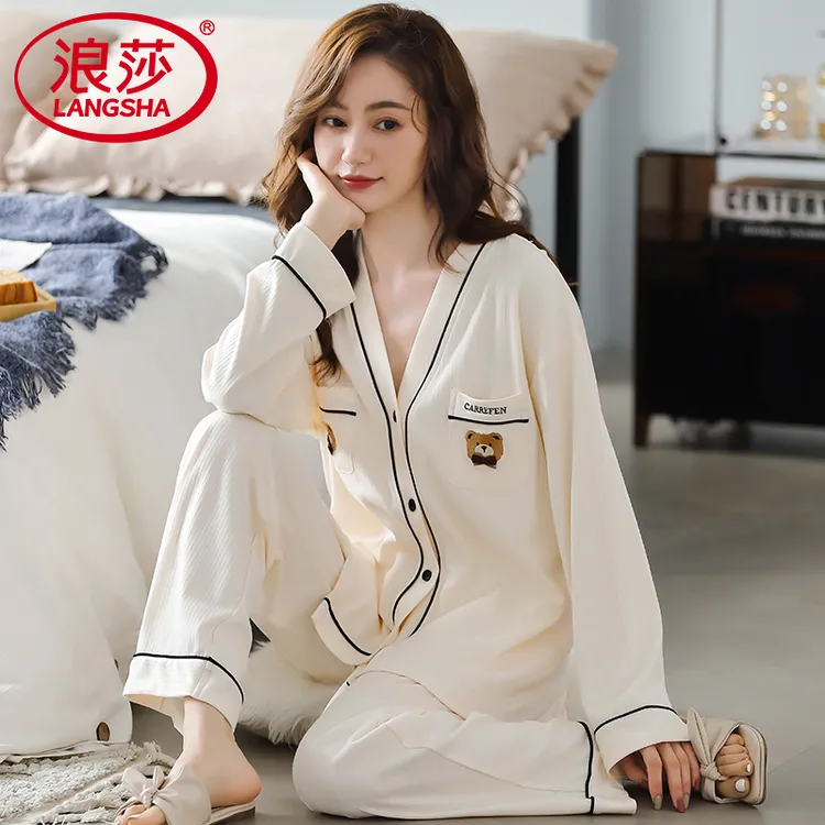 浪莎2025年新款睡衣女春秋款秋季纯棉长袖大码家居服可外穿套装